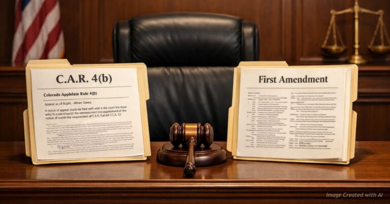 Judge’s bench with folders labeled C.A.R. 4(b) and First Amendment, representing procedural and speech tension