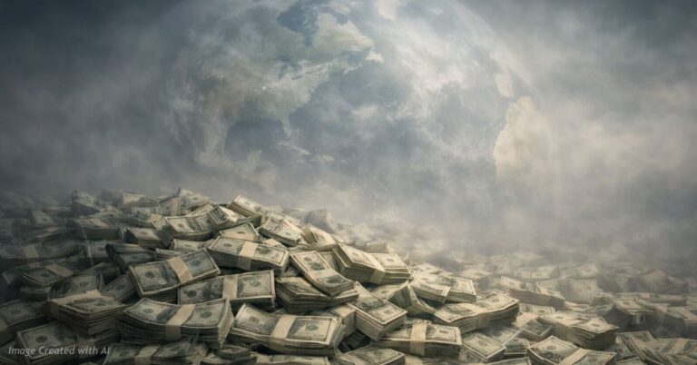 Pile of cash fading into globe symbolizing trillions spent on climate policy
