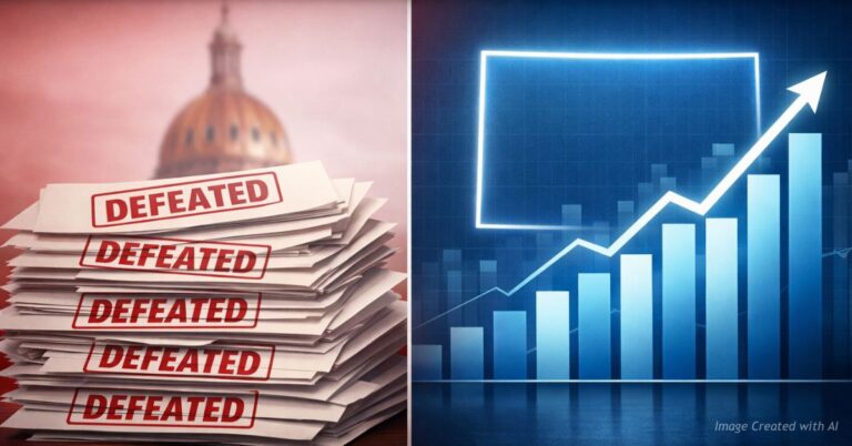 Defeated bill stack contrasted with rising financial chart over Colorado outline