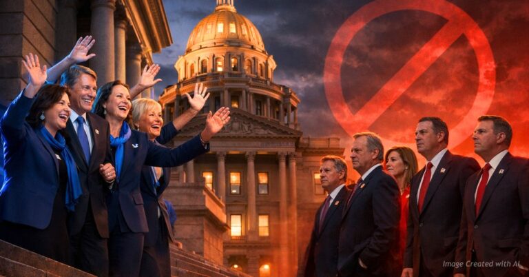 Democratic and Republican figures face off on Colorado Capitol steps as Democrats wave goodbye in partisan standoff.