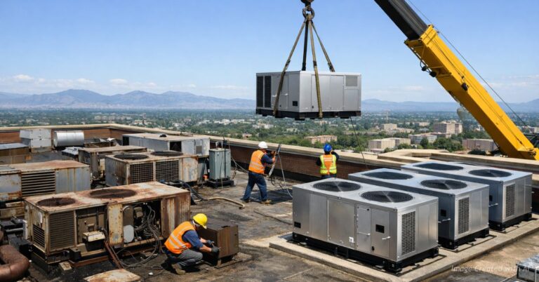 Workers install new HVAC units on a Colorado commercial rooftop as older systems are removed.