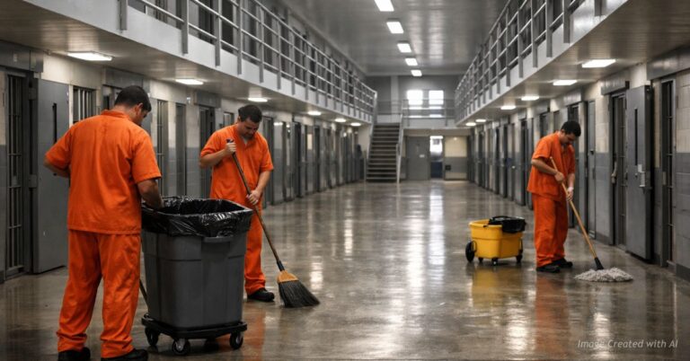 Detainees in orange uniforms clean a two-story detention cell block corridor in a Colorado facility.
