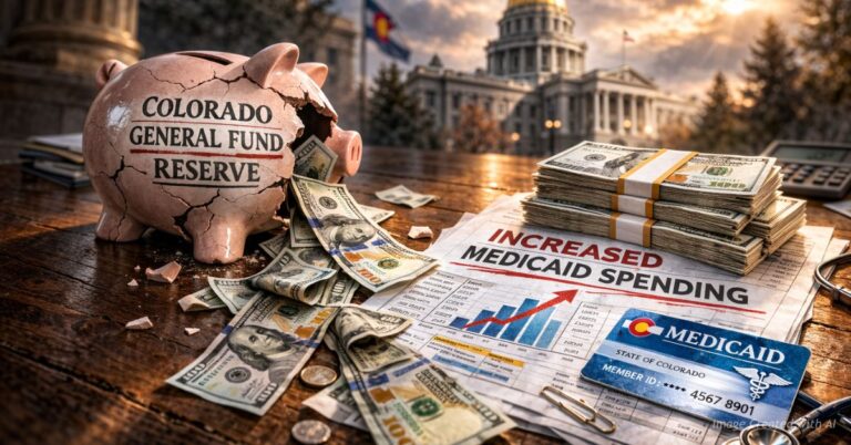 Cracked Colorado reserve piggy bank draining cash into Increased Medicaid Spending paperwork.