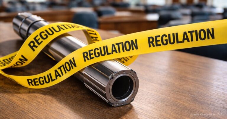 Gun barrel wrapped in yellow regulation tape inside legislative chamber