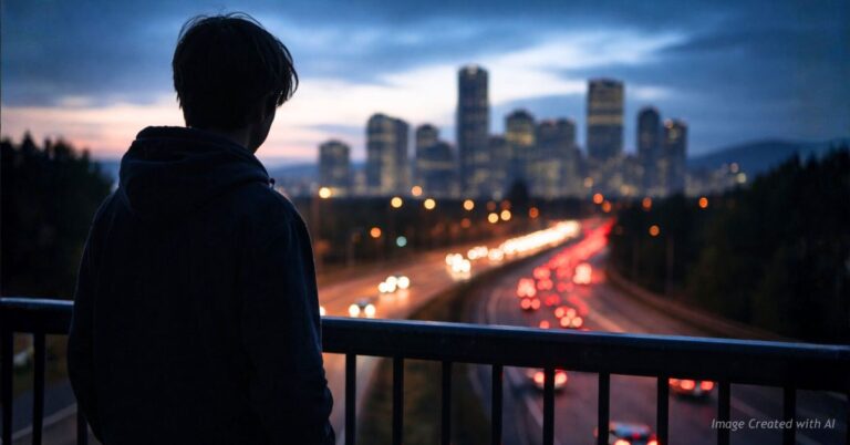 Silhouetted teen overlooking Denver at dusk symbolizing Colorado trafficking crisis