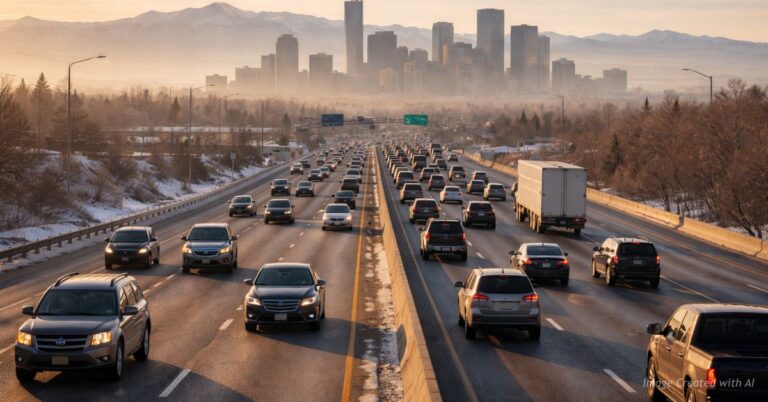 Heavy traffic on I-270 near Denver skyline under winter haze and mountain backdrop.