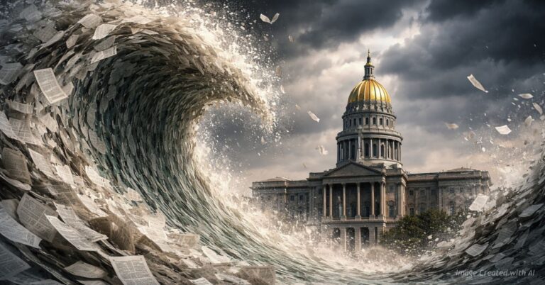 Wave of paper bills crashing toward Colorado Capitol symbolizing legislative surge
