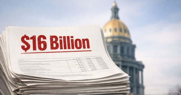 Stack of budget papers labeled $16 billion with Colorado Capitol behind