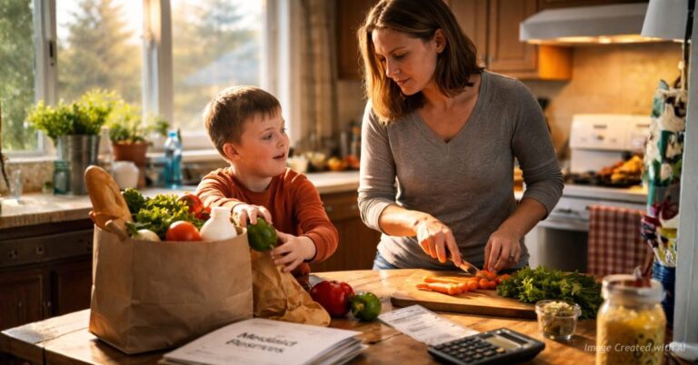 Parent and child organize groceries and prepare dinner in Colorado home amid Medicaid service cuts debate.