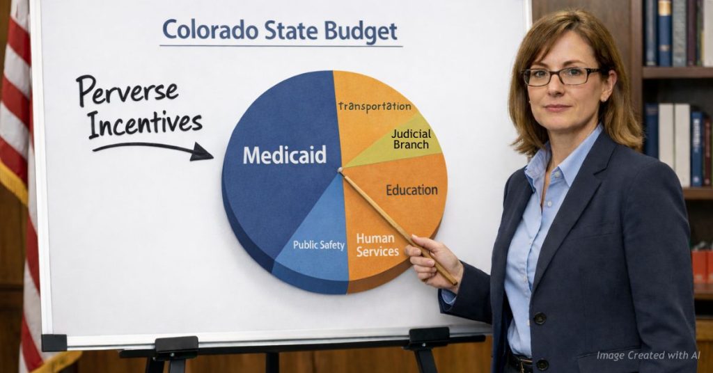 Legislative analyst points to Medicaid slice on Colorado budget chart labeled perverse incentives