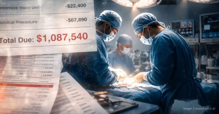 Surgeons operate as large medical bills overlay scene highlighting Colorado health care costs