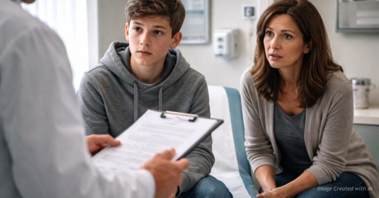 Concerned mother watches as doctor consults with 15-year-old son in exam room