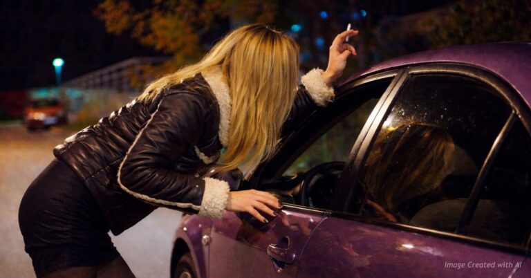 Blonde woman leaning into purple car at night on city street under moody lighting