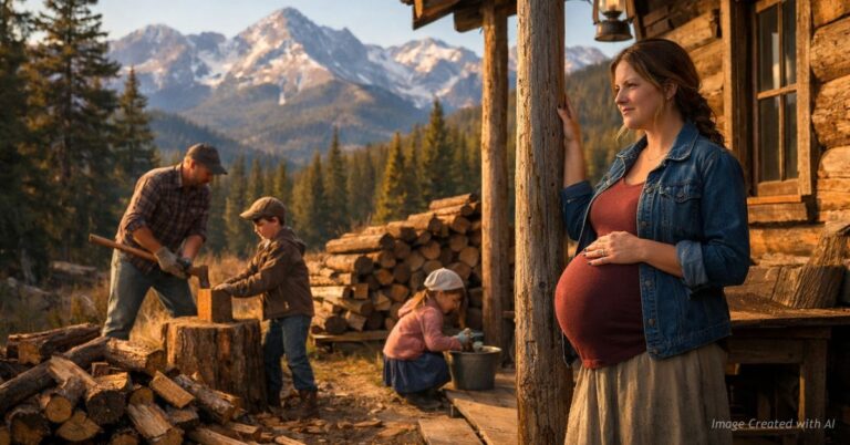 Pregnant mother outside remote Colorado cabin as family works in mountain setting