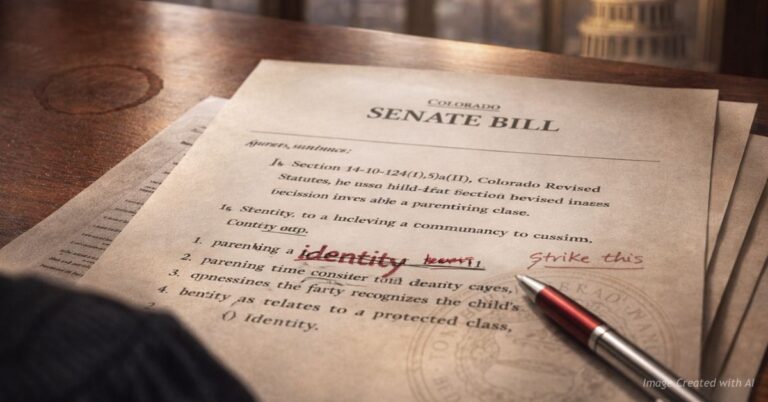 Colorado Senate bill with identity clause crossed out in red