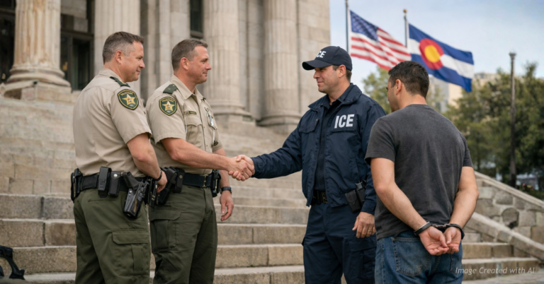 ICE agents and Colorado sheriff’s officers coordinate a lawful detainee transfer outside a courthouse.