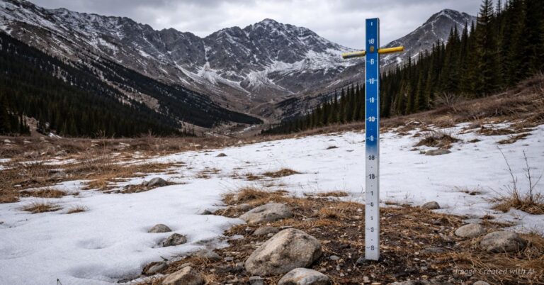 Sparse snowpack in Colorado Rockies with measurement pole showing drought conditions.