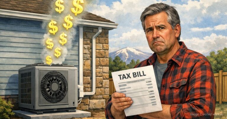 Colorado homeowner burdened by stacked tax bills symbolizing government spending