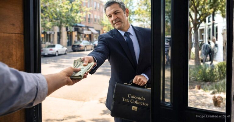 Man labeled Colorado Tax Collector receives cash from small business owner at storefront doorway.