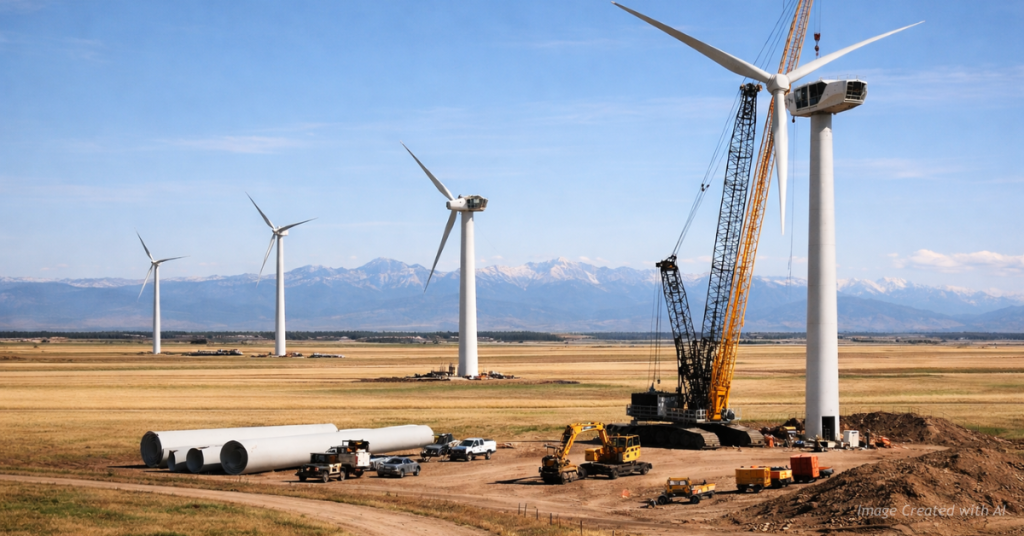 Wind turbines under construction on Colorado’s eastern plains with completed turbines and the Front Range mountains in the distance.