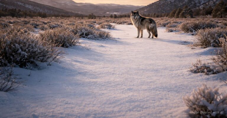 Lone wolf in snowy Western Colorado landscape