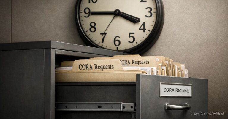 File drawer labeled CORA with clock symbolizing extended government response times