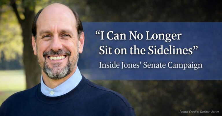 Dathan C. Jones smiling outdoors beside a campaign graphic reading “I Can No Longer Sit on the Sidelines” and “Inside Jones’ Senate Campaign.”