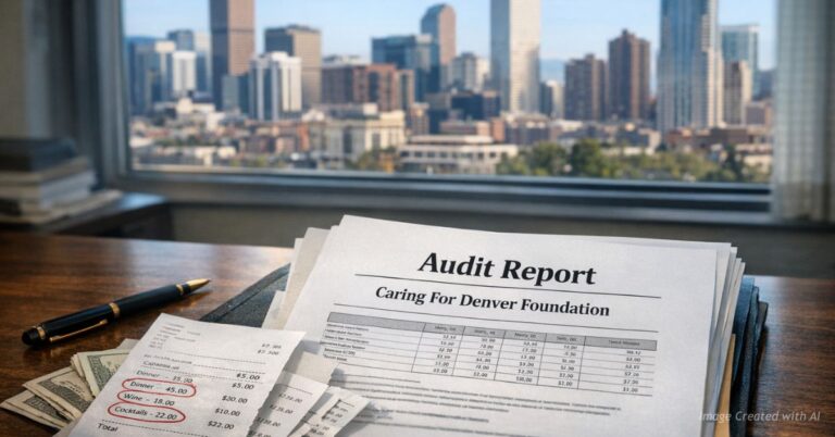 Audit report for Caring For Denver Foundation on desk with Denver skyline visible through office window.