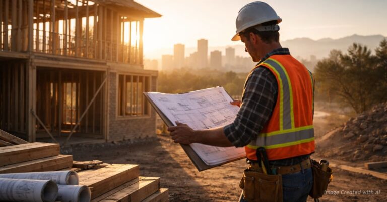 Denver homebuilder reviews plans at sunrise amid expanding energy code changes.