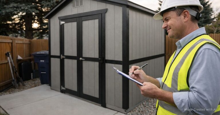 Building inspector in hard hat reviews backyard shed during Denver zoning dispute
