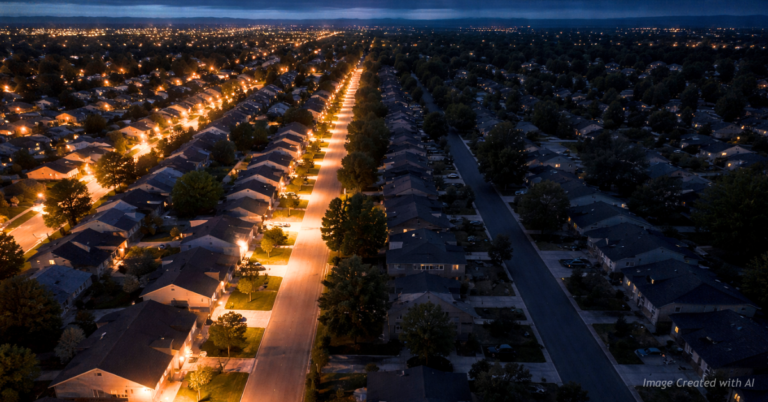 Aerial view of Denver neighborhood split between homes with power and homes in darkness