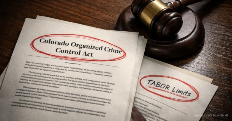 Judge’s gavel beside documents highlighting Colorado Organized Crime Control Act and TABOR limits