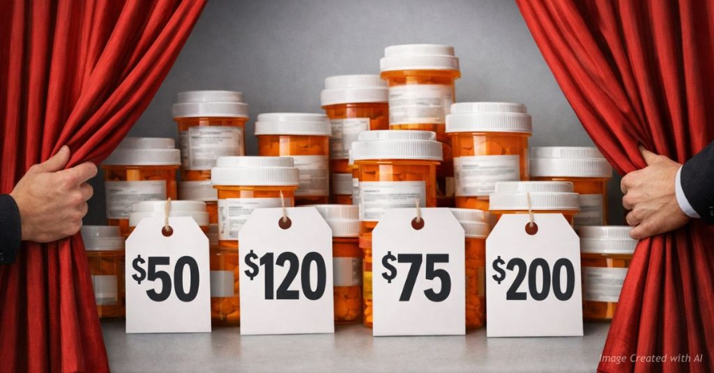 Curtain pulled back revealing prescription bottles and price tags symbolizing drug cost transparency