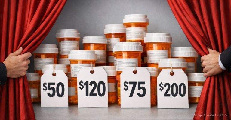 Curtain pulled back revealing prescription bottles and price tags symbolizing drug cost transparency