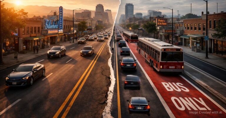 Split view of East Colfax before and after bus rapid transit redesign.