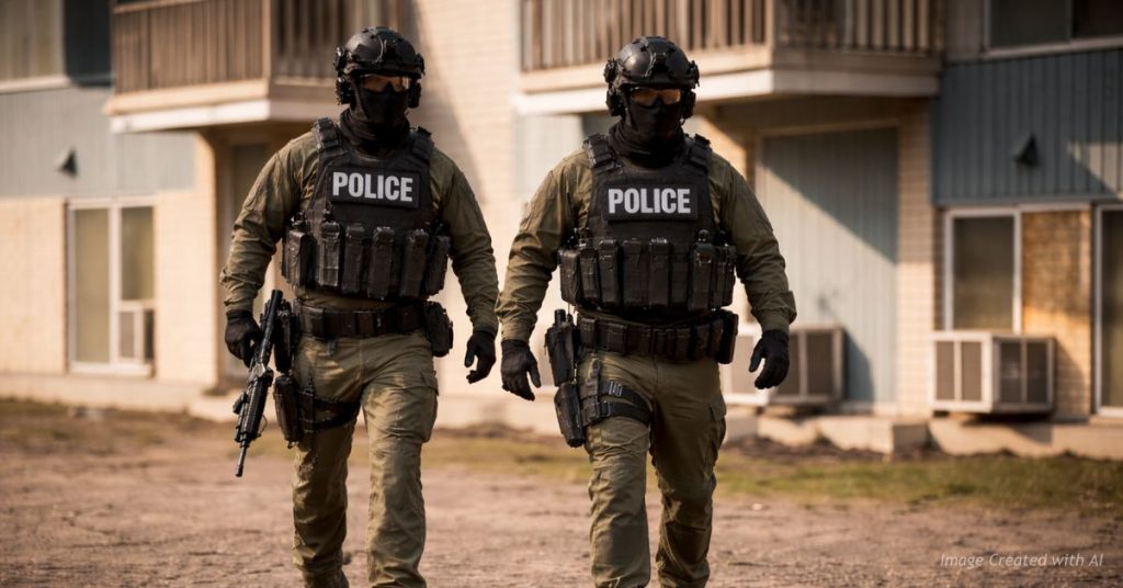 Federal officers on patrol wearing masks.