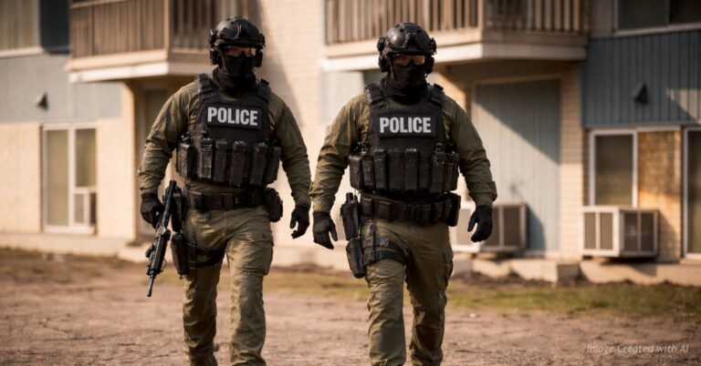 Federal officers on patrol wearing masks.