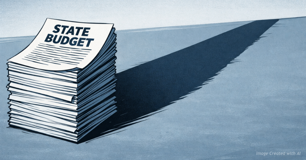 Illustrated budget documents casting a shadow