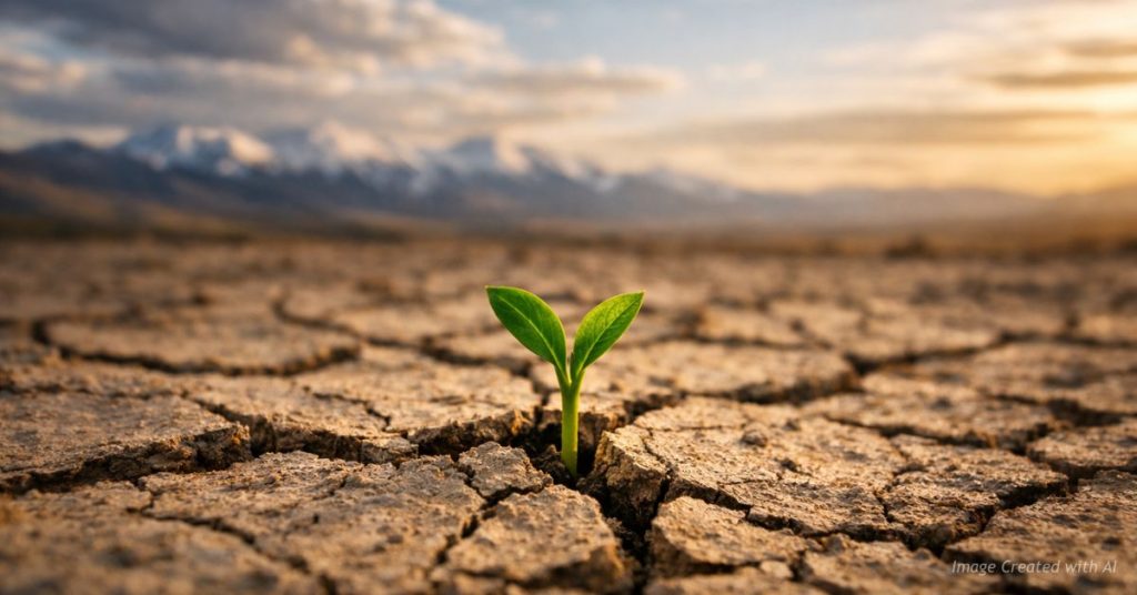 Green sprout breaking through cracked soil symbolizing conservative hope in Colorado