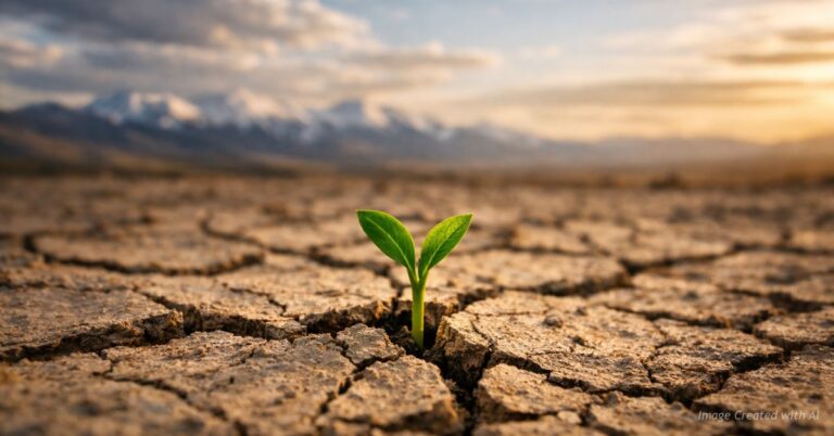 Green sprout breaking through cracked soil symbolizing conservative hope in Colorado