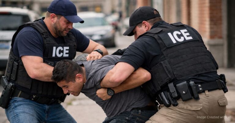 Two ICE agents detain a resisting suspect during a daytime immigration enforcement action.