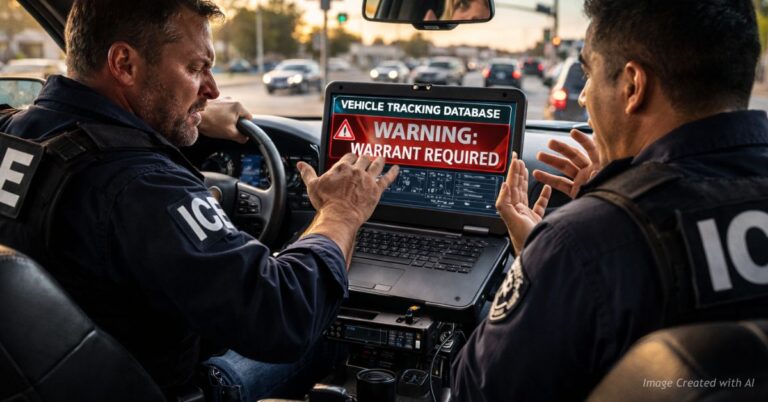 ICE agents in vehicle facing warrant-required warning on tracking database