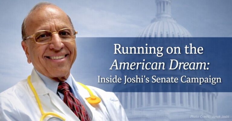 Dr. Janak Joshi in physician’s coat with U.S. Capitol backdrop for his Senate campaign