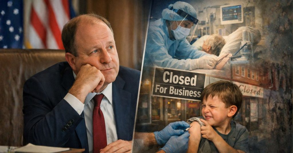 Gov. Jared Polis reflects as pandemic images appear in split screen collage.