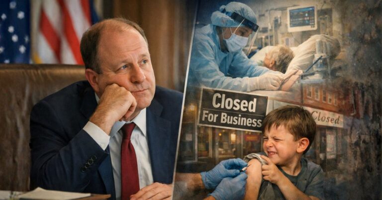 Gov. Jared Polis reflects as pandemic images appear in split screen collage.