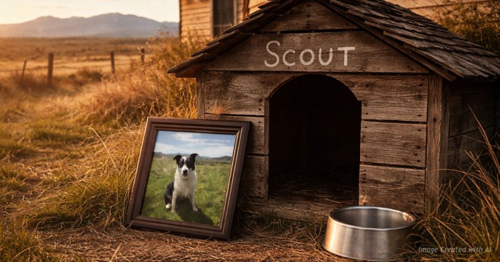 Empty doghouse labeled Scout outside northern Colorado ranch at sunset