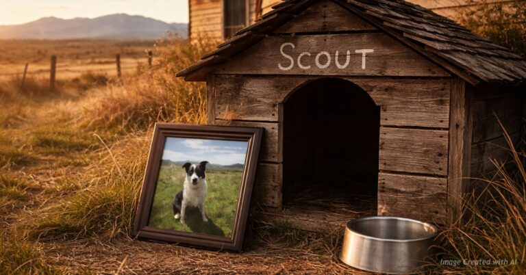 Empty doghouse labeled Scout outside northern Colorado ranch at sunset