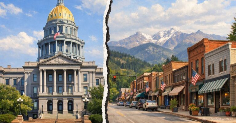 Split image of Colorado Capitol and small-town Main Street symbolizing state vs local control