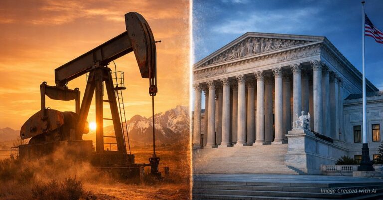 Oil pumpjack in Colorado opposite U.S. Supreme Court building symbolizing climate lawsuit dispute