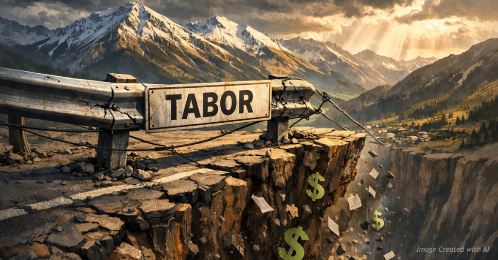 Cracked guardrail labeled TABOR holding back Colorado budget cliff